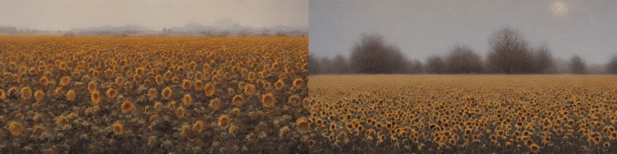 Prompt: Painting by Greg Rutkowski, a field of broken old dry sunflowers in winter