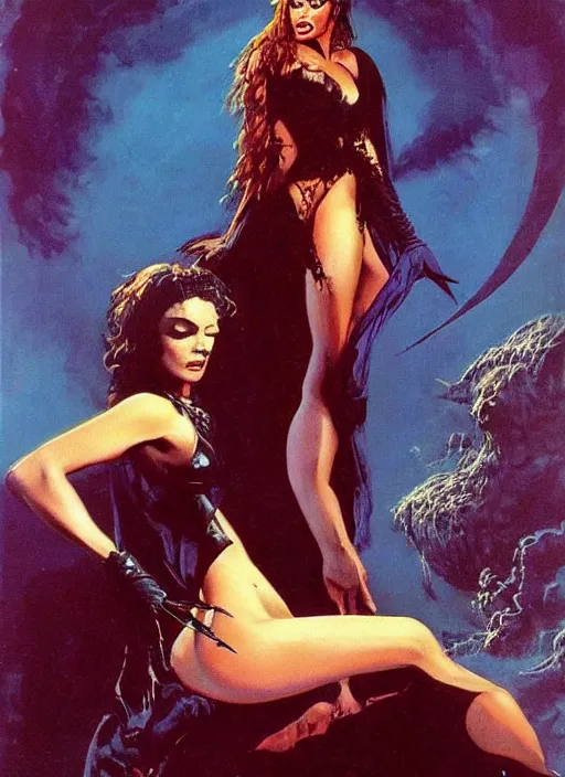 Image similar to seventies horror actress, sequinned dress, dark night, strong line, deep color, beautiful! coherent! by brom, by frank frazetta,