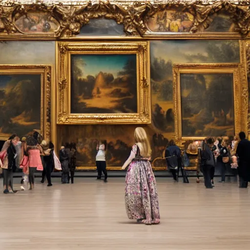 Image similar to shot from a distance, full room view, renaissance, rococo, manga, tonal, young lady, thin, dark hair, wearing flowing long dress, flowers, viewing the mona lisa painting inside the lourve