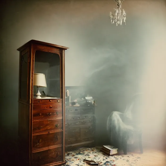 Image similar to kodak portra 4 0 0, wetplate, fisheye, award - winning portrait by britt marling, 1 9 2 0 s room, ghost, picture frames, shining lamps, dust, smoke, 1 9 2 0 s furniture, wallpaper, carpet, books, muted colours, wood, fog,