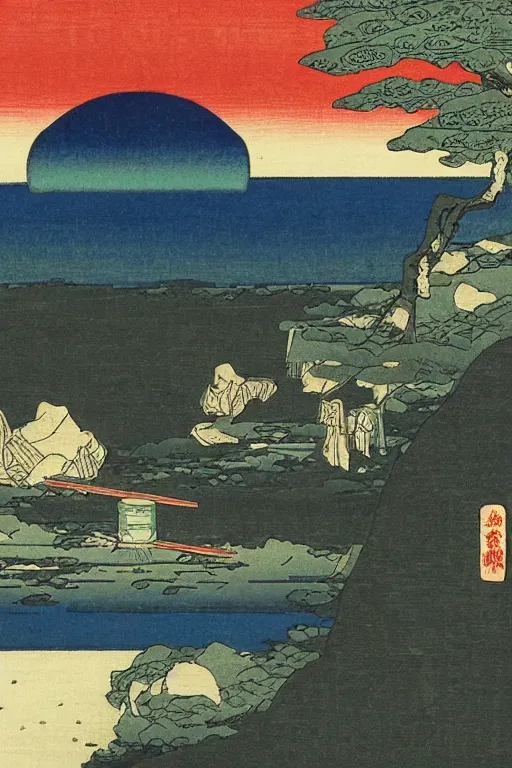 Image similar to Japanese woodblock print of r2d2 , Hiroshige