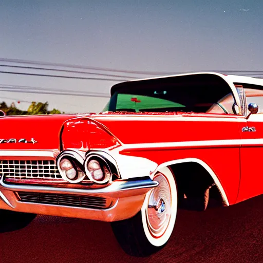 Prompt: 3 5 mm film photo of a white 1 9 6 0 s chevy impala with a red interior outside an old gas station