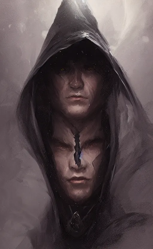 Image similar to Portrait of an elf in a black cloak, black hair, glowing eyes, male, detailed face, fantasy, highly detailed, cinematic lighting, digital art painting by greg rutkowski