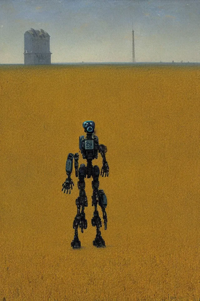 Prompt: painting of the back view of a terminator robot, standing far away in the vast yellow wheat fields, looking at a distant gargantuan tall building group by Ivan Aivazovsky