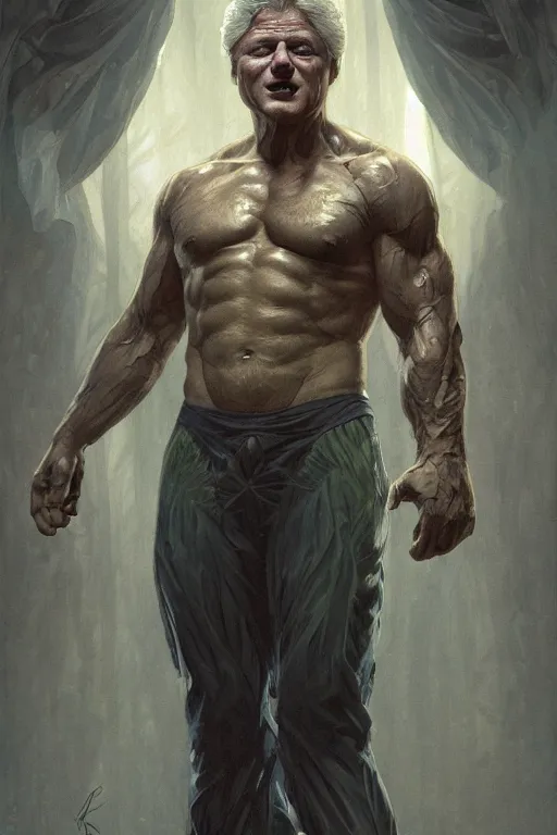 Image similar to portrait of bill clinton as a hulking herculean demon, forest, godlike, full body, fantasy, intricate, elegant, highly detailed, digital painting, artstation, concept art, sharp focus, illustration, art by artgerm and greg rutkowski and alphonse mucha