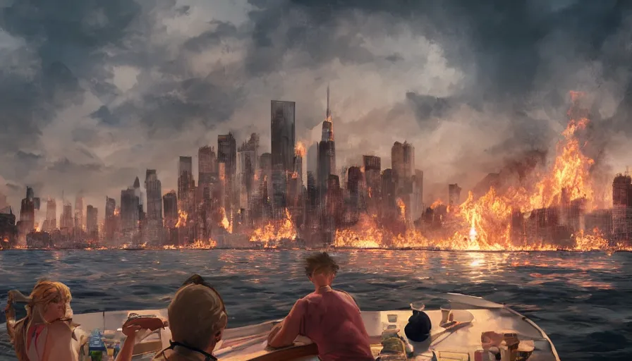 Image similar to Movie scene of people on a boat watching New York city burning far away, hyperdetailed, artstation, cgsociety, 8k