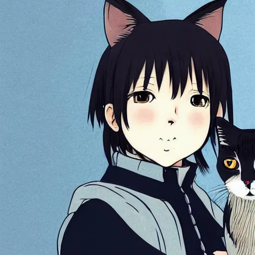 Prompt: yato from noragami with a cute cat, profile picture, vintage fashion, highly detailed, reflection, 8 k, realistic artwork, hd, inspired by noragami, 9 0 s anime art style, elegant,