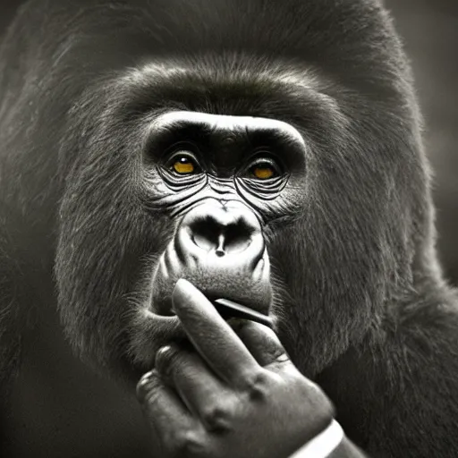 Prompt: a professional, award-winning photograph of a gorilla wearing a suit and smoking a cigar, chiaroscuro