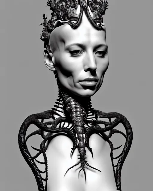 Image similar to a black and white 3D render of a young beautiful female queen-dragon-cyborg bust with a very long neck and Mandelbrot fractal face, flesh, anatomical, facial muscles, veins, arteries, elegant, highly detailed, flesh highly ornate, cable wires, elegant, high fashion, rim light, octane render, in the style of H.R. Giger, Realistic, Refined, Digital Art, Highly Detailed, Cinematic Lighting, rim light, black and white, photo-realistic, 8K