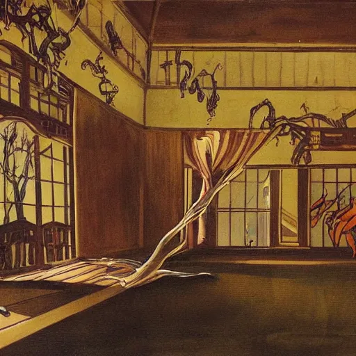 Prompt: A beautiful painting. It was a mansion of ghosts and monsters, with ghouls in the shadows and demons scuttling behind the wainscotting. in Japan by Walter Percy Day