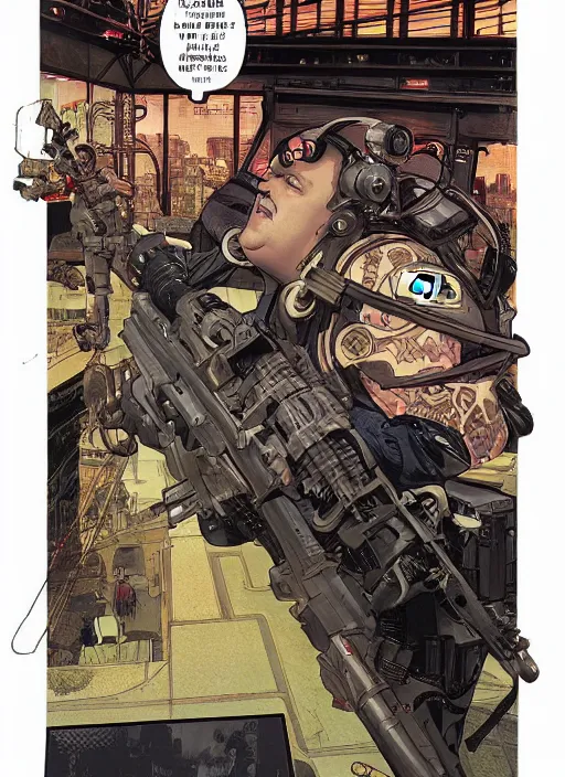 Prompt: cyberpunk paul blart fighting real cop. portrait by ashley wood and alphonse mucha and laurie greasley and josan gonzalez and james gurney. spliner cell, apex legends, rb 6 s, hl 2, d & d, cyberpunk 2 0 7 7. realistic face. vivid color. dystopian setting.