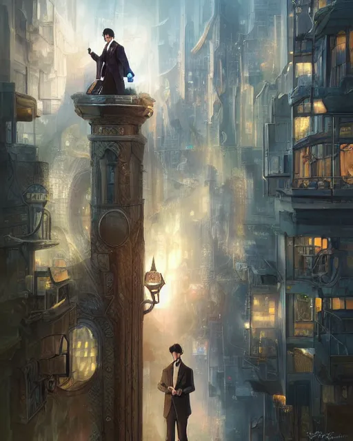 Image similar to sherlock holmes in a futuristic city, soft colours, detailed, realistic, digital art, by alayna lemmer, by tom bagshaw