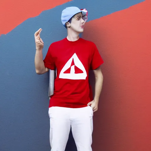 Prompt: a full body shot of an average white, short young - adult man with blue dyed hair holding a microphone, wearing a red backwards cap, white t - shirt with a red no symbol on it, blue long pants and red shoes, photoshoot, grey background