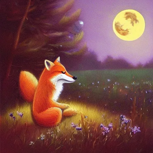 Image similar to A fox playing the piano in a meadow in the forest during the night under the moonlight, children’s book oil painting