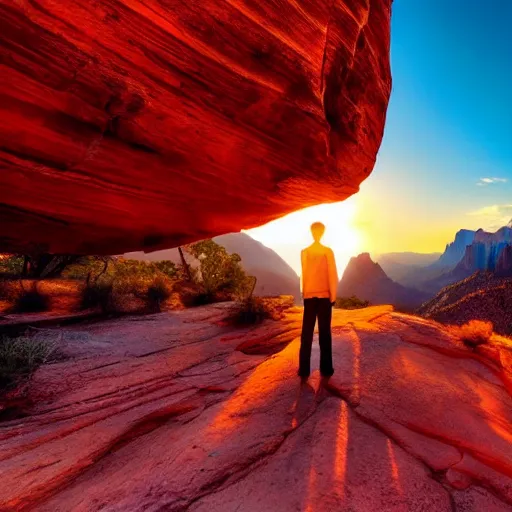 Image similar to award winning cinematic still of teenager boy praying in zion national park, rock formations, colorful sunset, epic, cinematic lighting, dramatic angle, heartwarming drama directed by Steven Spielberg, highly detailed concept art, wallpaper