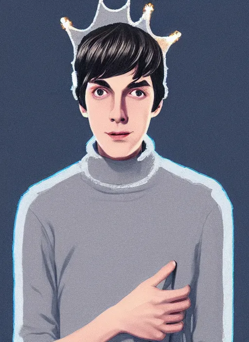 Image similar to portrait of teenage jughead jones wearing a light grey crown, crown, blue turtleneck, 1 9 5 0 s, closed eyes, photorealistic, black hair, glowing lighting, intricate, elegant, glowing lights, highly detailed, digital painting, artstation, concept art, smooth, sharp focus, illustration, art by wlop, mars ravelo and greg rutkowski