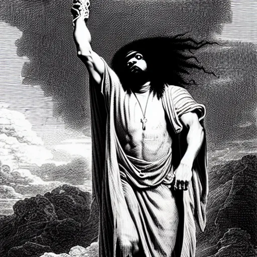 Image similar to cheef keef ascending into heaven holding stacks of cash, biblical image, style of gustave dore, highly detailed, beautiful, high contrast, black and white