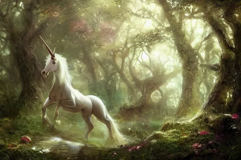 Image similar to fine art painting of a unicorn in a magical forest, artstation, cgsociety, very detailed, intricate, masterpiece, stunning, romanticism