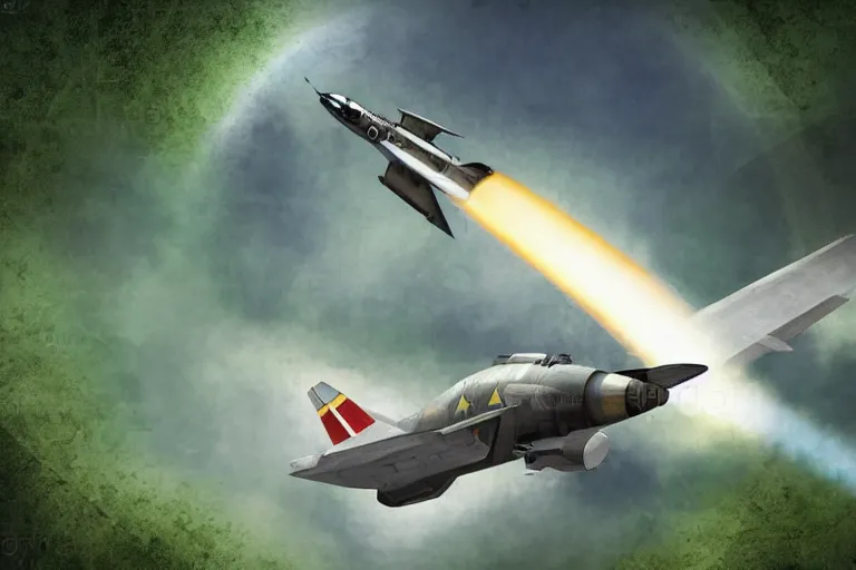 Prompt: dieselpunk digital illustration of a rocket fighter breaking the sound barrier low across a tropical rainforest