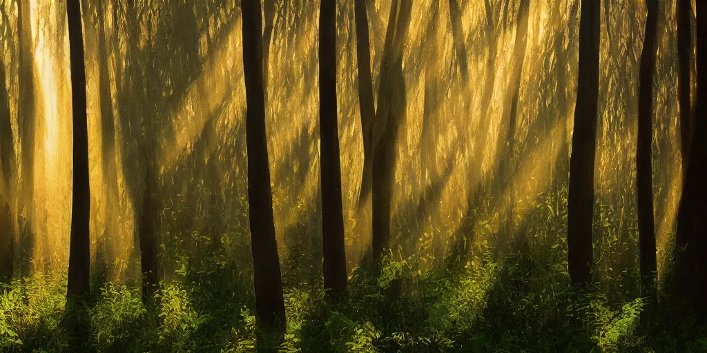 Image similar to An oil painting of an intensely beautiful forest in the morning; rays of light coming through the canopy