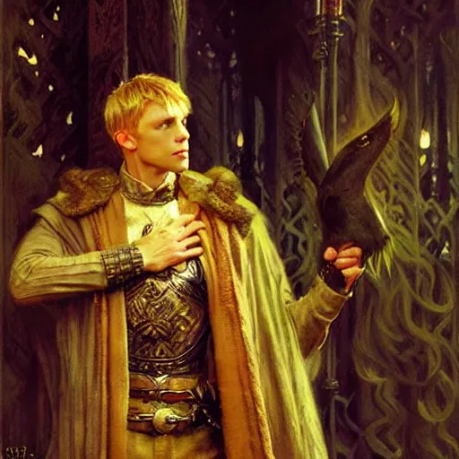 Image similar to handsome arthur pendragon in love with handsome merlin the mage. merlin is also in love with arthur. highly detailed painting by gaston bussiere, craig mullins, j. c. leyendecker