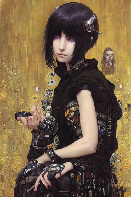 Image similar to portrait of beautiful young gothic maiden, cyberpunk, Warhammer, highly detailed, artstation, illustration, art by Gustav Klimt and Range Murata and Ilya Kuvshinov and Sakimichan