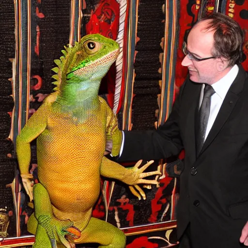 Image similar to A lizard person shaking hands with a religious icon, horror, black metal