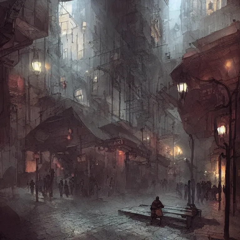 Image similar to some people waiting in a lone bus stop in qiet dark city, by marc simonetti