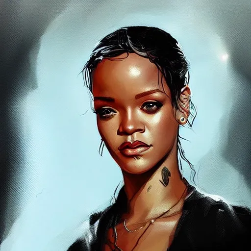 Image similar to “ portrait of rihanna by greg rutkowski, young, attractive, highly detailed portrait, scifi, digital painting, artstation, concept art, smooth, sharp foccus ilustration, artstation hq ”