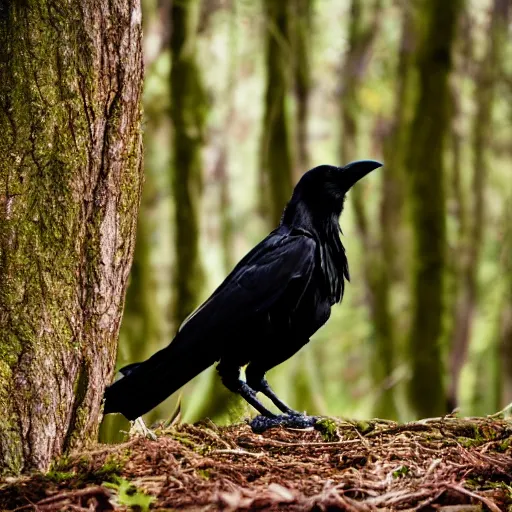 Image similar to crossbreed between a human male and crow, photograph captured in a forest