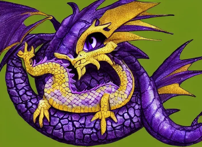 Image similar to A tiny cute purple and gold dragon lays down on its back, cute dragon looking up relaxing