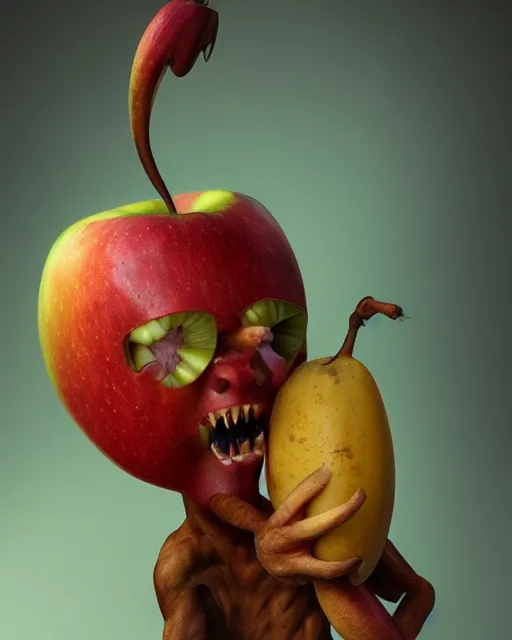 Image similar to a fruit figurine monster, apple head, banana hair, surrealist oil painting, highly detailed, dramatic lighting, hyperrealistic, 8 k, artstation, cgsociety