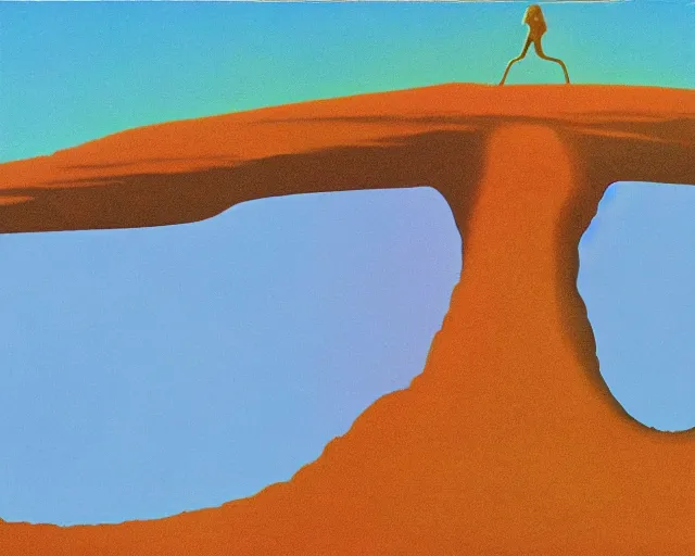 Prompt: roger dean 1 9 8 0 s art of a lone wanderer walking in the dry desert of a strange bizarre alien planet surface lakes reflective clear blue water, rainbow in sky, imagery, illustration art, album art