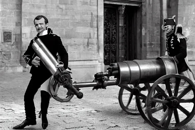 Image similar to portrait of emmanuel macron dressed as napoleon dragging a cannon in the street, natural light, sharp, detailed face, magazine, press, photo, steve mccurry, david lazar, canon, nikon, focus