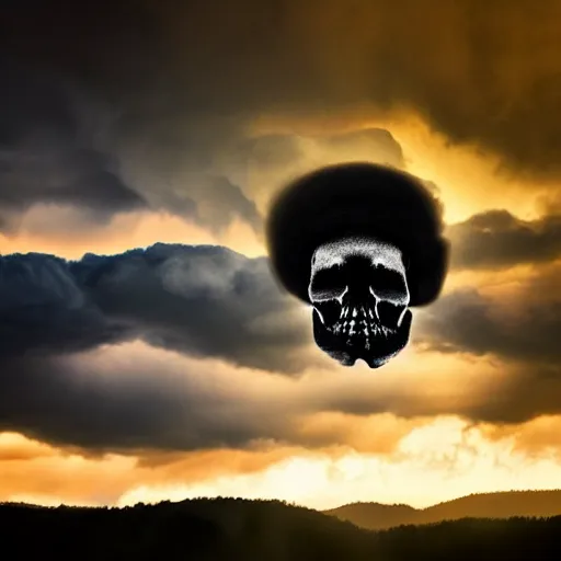Image similar to skull in the sky made out of clouds, thunder, dramatic lighting