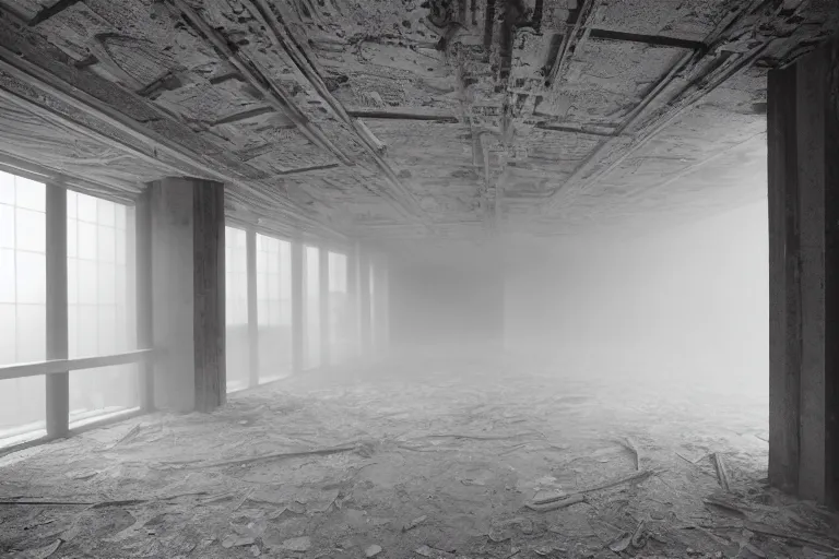 Image similar to inside a tall vetical room, convoluted halls, large open windows, fast wind, cables hanging, complex ceiling, ancient monolithic sci - fi, thick dust storm enters the buiding, concrete pillars, on an alien planet, sun is blocked by dust, beige - white bleached colors, cinematographic wide angle shot, f / 2 4, motion blur