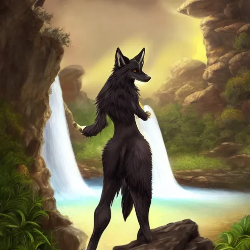 Image similar to fantasy art of a noble werefox standing in front of a waterfall, photorealistic, Hibbary, Dark Natasha, Goldenwolf, FurAffinity