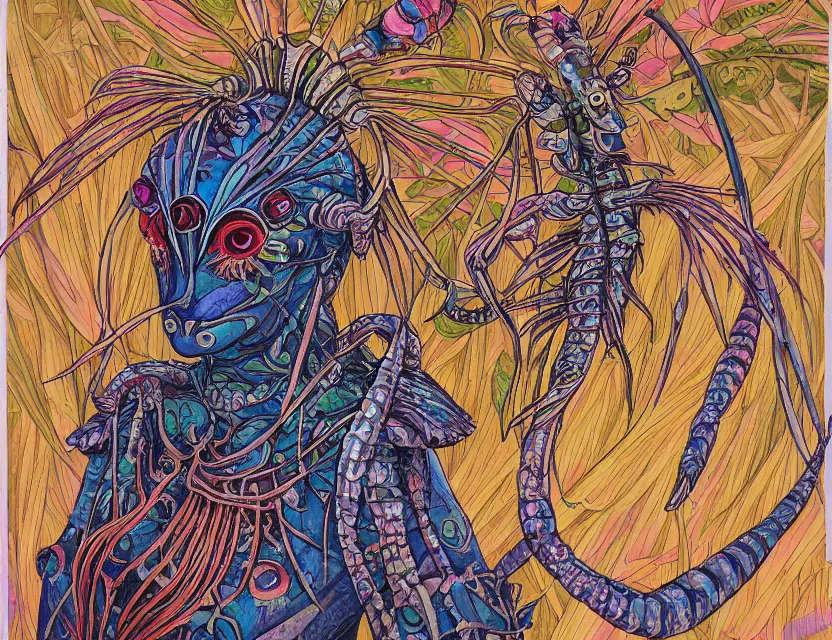 Prompt: priestess of mantis shrimp. gouache painting by award - winning mangaka, chiaroscuro, bloom, backlighting, intricate details