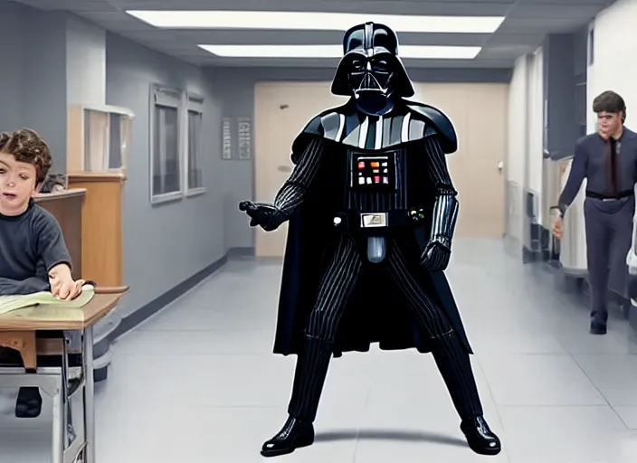 Image similar to film still of Darth Vader working as a high school teacher in the new Star Wars movie, 4k