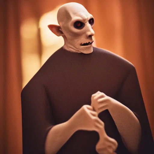 Image similar to portrait of nosferatu playing, 5 0 mm lens, realistic photography