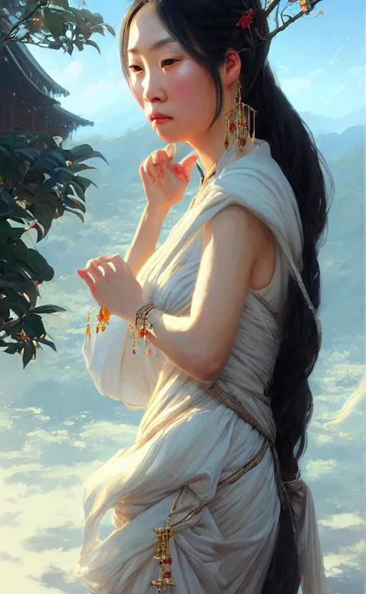 Image similar to a beautiful taiwan goddess with sundress with jewelry | | winter, realistic shaded, unpleasant face, good looking, fine details, realistic shaded lighting poster by greg rutkowski, magali villeneuve, artgerm, jeremy lipkin and michael garmash and macoto takahashi