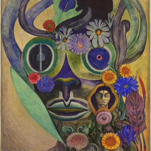 Image similar to closeup of a facemask made of flowers, by annie swynnerton and jean delville and edward hopper and diego rivera and evelyn de morgan and rufino tamayo, dark flower shaman, art brut, outsider art, symbolist, dramatic lighting, god rays, elaborate geometric ornament, clean crisp graphics, smooth sharp focus, extremely detailed, adolf wolfli