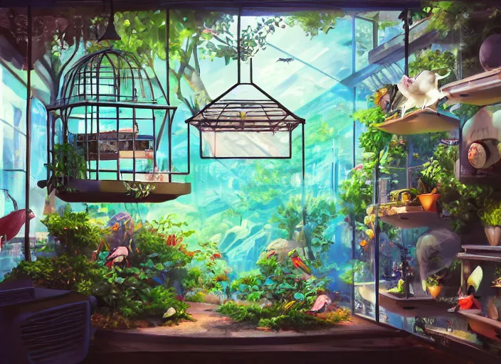 Prompt: pleasing two - point - perspective anime background clean neat clarity professional visual development set design, tiny cozy store with hanging bird cages and bright fish aquariums, sparse planted terrariums, dim painterly lighting volumetric aquatics, impasto, trending on pixiv