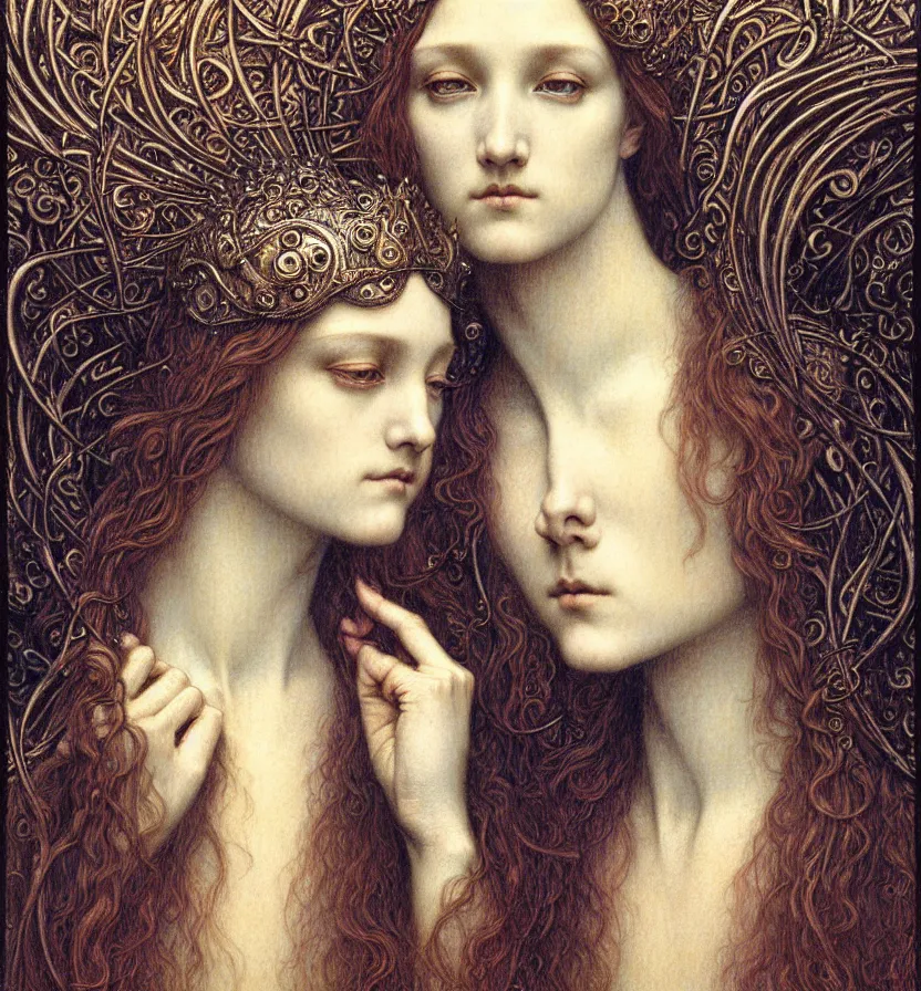 Image similar to detailed realistic beautiful young medieval queen face portrait by jean delville, gustave dore and marco mazzoni, art nouveau, symbolist, visionary, gothic, pre - raphaelite. horizontal symmetry