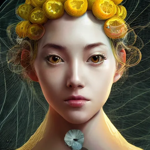 Prompt: the portrait of a sensual lemon that resembles absurdly beautiful, graceful, elegant, sophisticated, young gravure idol made up of lemons, an ultrafine hyperdetailed illustration by kim jung gi, irakli nadar, intricate linework, bright colors, octopath traveler, final fantasy, unreal engine 5 highly rendered, global illumination, radiant light, detailed and intricate environment