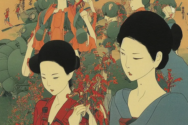 Image similar to gigantic dragonflies with human faces catch tiny robots, a lot of exotic mechas robots around, human heads everywhere, risograph by kawase hasui, dirtyrobot, edward hopper, satoshi kon and moebius, colorful flat surreal design, super - detailed, a lot of tiny details, fullshot