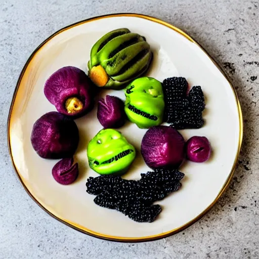 Image similar to a plate of alien fruits