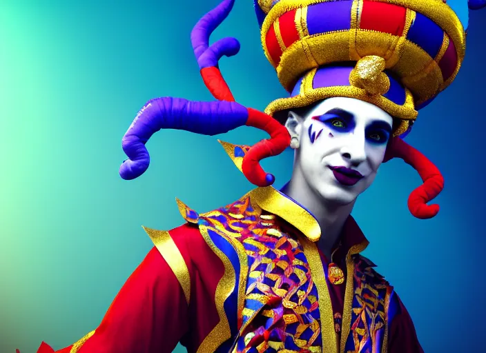 Prompt: award winning digital art of a attractive male jester wearing a traditional jester ’ s outfit, performing at a magnificent carnival with lots of colors, beautiful circus themed background, trending artstation, digital art, aesthetic, bloom, intricate, elegant, sharp focus, digital illustration, highly detailed, octane render, digital painting, concept art, witchlight carnival, masterpiece