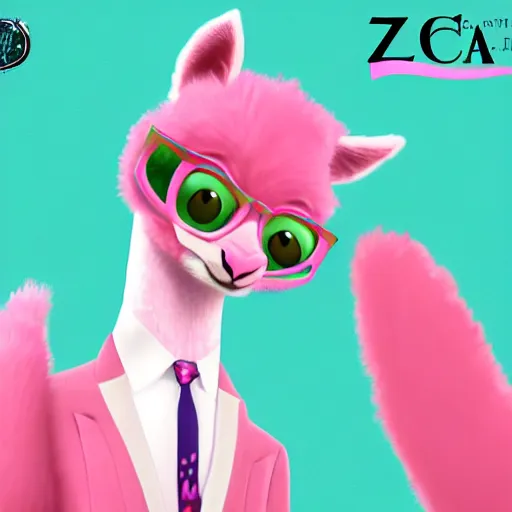 Image similar to logo of a pink alpaca in a suit in the style of zootopia, pixar, digital art, trending on artstation, award - winning