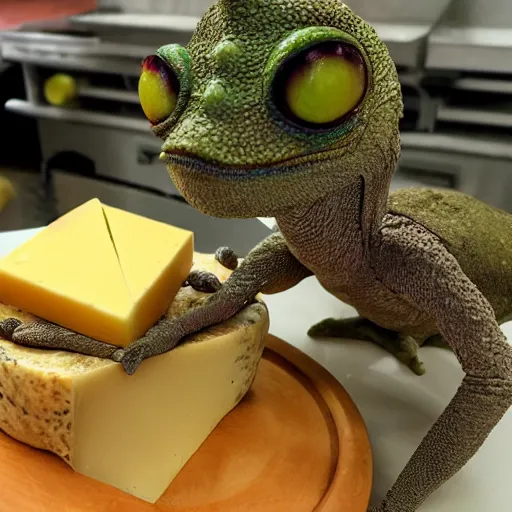 Prompt: a sleestak made of cheese